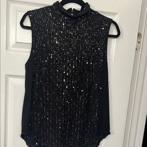 Karen Kane Black Sequin Blouse with Mandarin Collar